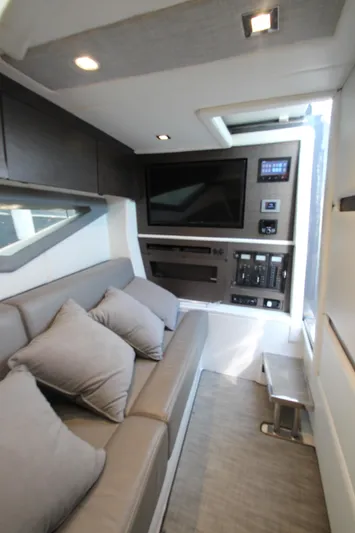  Yacht Photos Pics Interior of 2018 Cobalt A36 boat with modern seating and entertainment system.