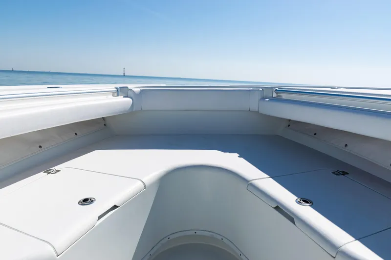  Yacht Photos Pics 2014 Yellowfin 36 Offshore boat deck with ocean view under clear blue sky.