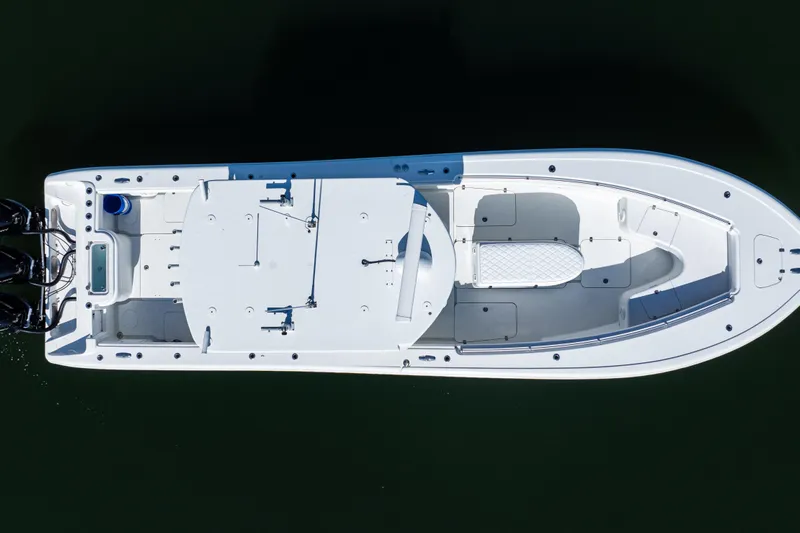  Yacht Photos Pics Overhead view of 2014 Yellowfin 36 Offshore boat on calm water.