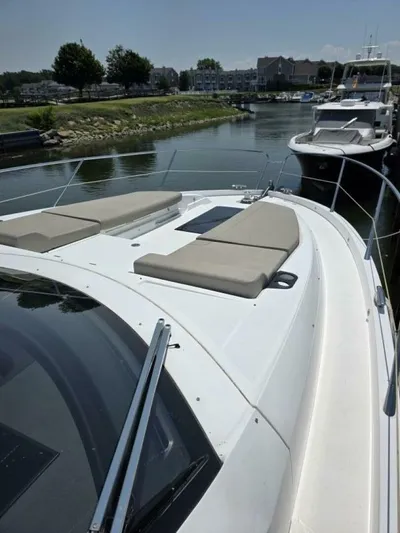  Yacht Photos Pics 2019 Sunseeker Predator 50 yacht docked in a serene marina setting.