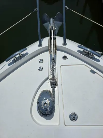  Yacht Photos Pics Bow of 2019 Sunseeker Predator 50 yacht with anchor and winch system.