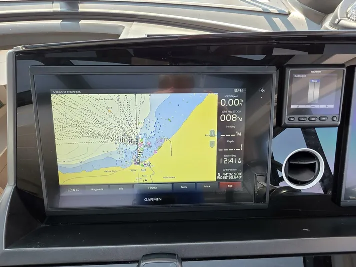  Yacht Photos Pics Garmin navigation display on 2019 Sunseeker Predator 50 yacht, showing nautical chart.