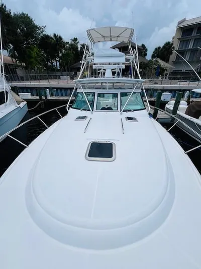  Yacht Photos Pics 2003 Tiara Yachts 3800 Open docked, showcasing sleek design and spacious deck.