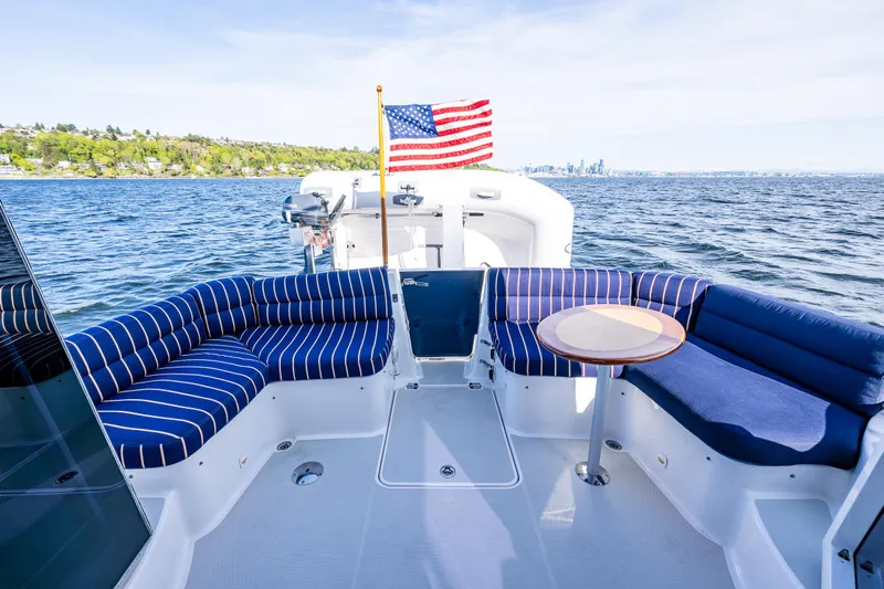 Tangled Up In Blue Yacht Photos Pics 2013 Back Cove 37 boat with striped seating, American flag, and scenic water view.