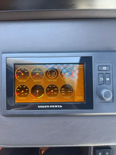  Yacht Photos Pics Volvo Penta dashboard display on a 2018 Prestige 680 yacht, showing various engine gauges.