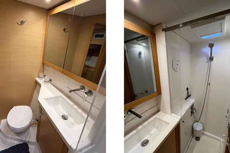  Yacht Photos Pics Modern bathroom interior on 2018 Lagoon 450 S yacht, featuring sink, toilet, and shower.