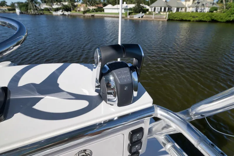  Yacht Photos Pics Control panel on 2021 Bahama 41 boat, overlooking calm waterway.
