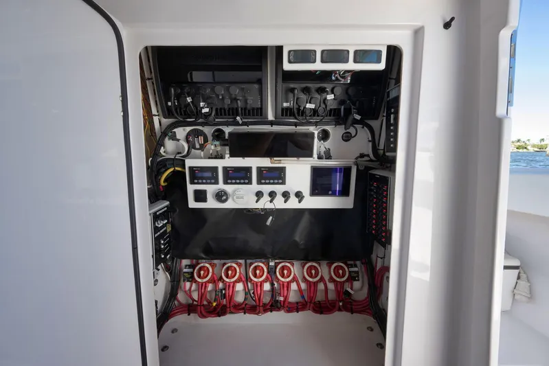 Yacht Photos Pics Electrical control panel inside a 2021 Bahama 41 boat, featuring advanced navigation systems.