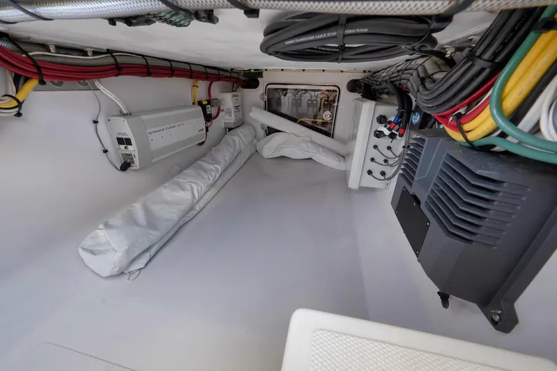  Yacht Photos Pics Engine room of 2021 Bahama 41 boat with wiring and equipment.