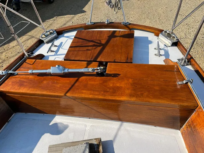 Perelandra Yacht Photos Pics 1968 Hinckley Bermuda 40 sailboat deck with polished wood finish and rigging details.