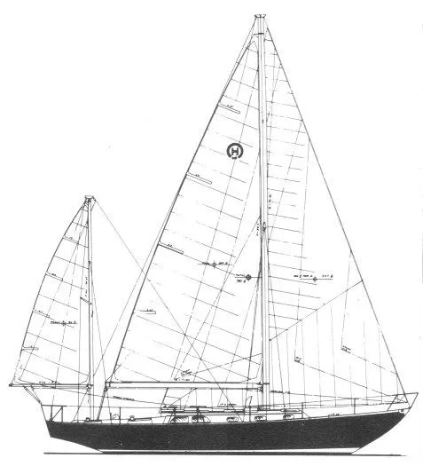 Perelandra Yacht Photos Pics Line drawing of a 1968 Hinckley Bermuda 40 sailboat, showcasing its classic design.