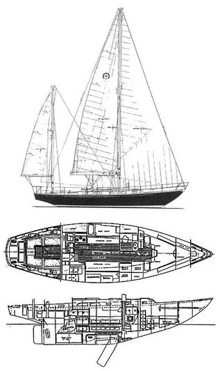 Perelandra Yacht Photos Pics Line drawing of a 1968 Hinckley Bermuda 40 sailboat, showcasing side and top views.