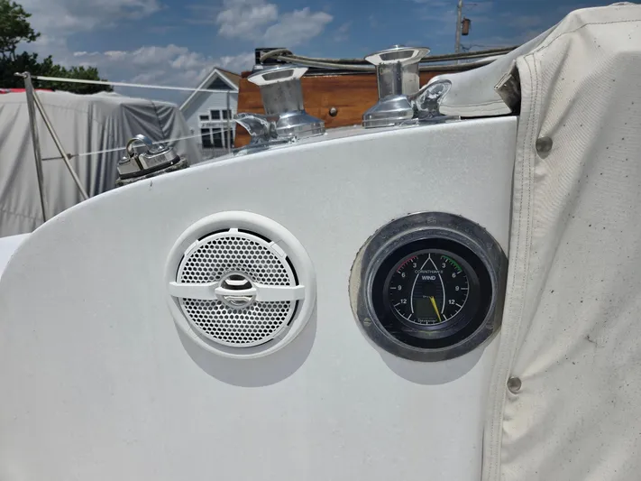 Perelandra Yacht Photos Pics Hinckley Bermuda 40 sailboat cockpit with wind gauge and speaker, 1968 model.