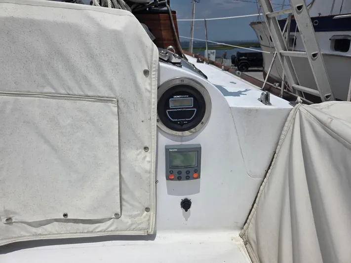 Perelandra Yacht Photos Pics Hinckley Bermuda 40 sailboat cockpit with navigation instruments, 1968 model.