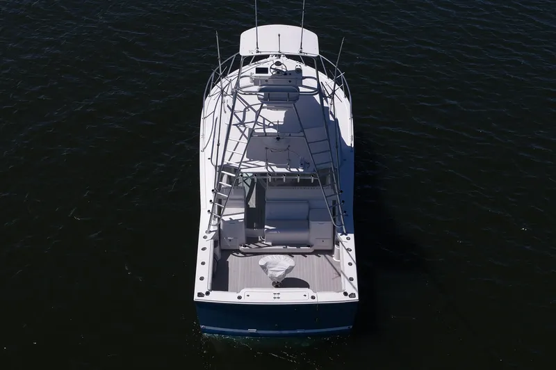  Yacht Photos Pics 2018 Albemarle 36 Express boat on dark water, aerial view.