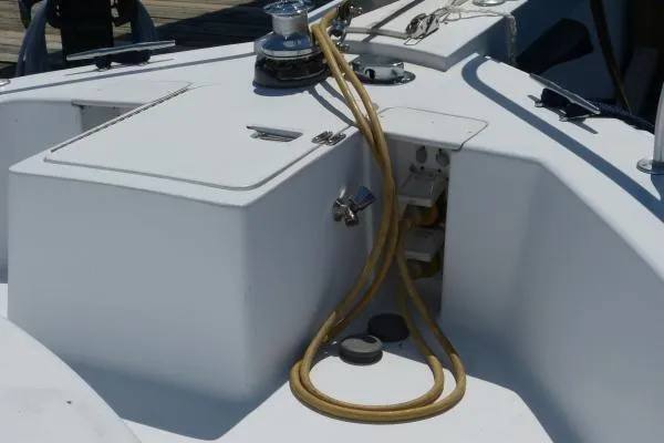  Yacht Photos Pics 1999 Mainship 350 Trawler deck with winch and coiled rope.