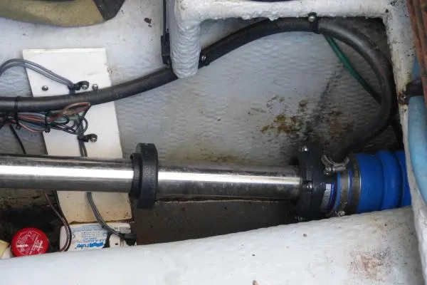  Yacht Photos Pics Engine compartment of 1999 Mainship 350 Trawler showing shaft and wiring.