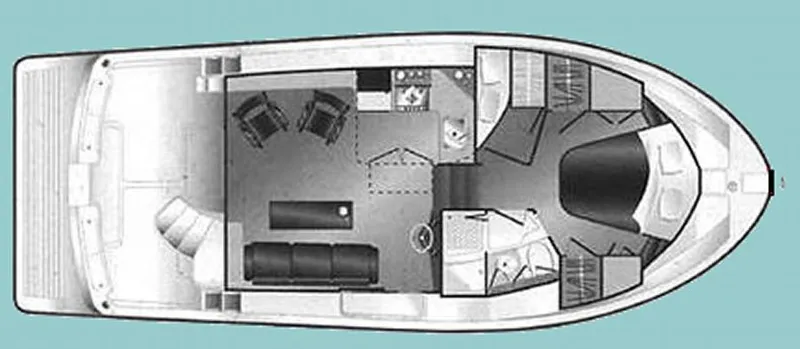  Yacht Photos Pics Floor plan of a 1999 Mainship 350 Trawler, featuring interior layout and cabin design.