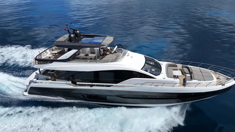  Yacht Photos Pics 2021 Azimut Fly 78 yacht cruising on clear blue water.