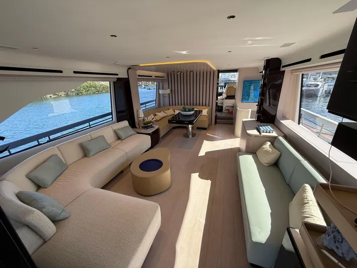  Yacht Photos Pics Luxurious interior of 2021 Azimut Fly 78 yacht with elegant seating and scenic water views.