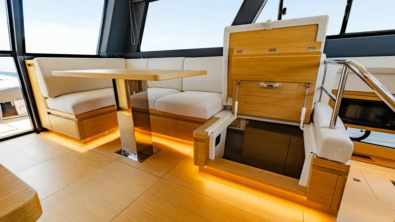 Available Now Yacht Photos Pics Luxurious interior of 2024 Pardo Yachts GT52 with elegant seating and ambient lighting.