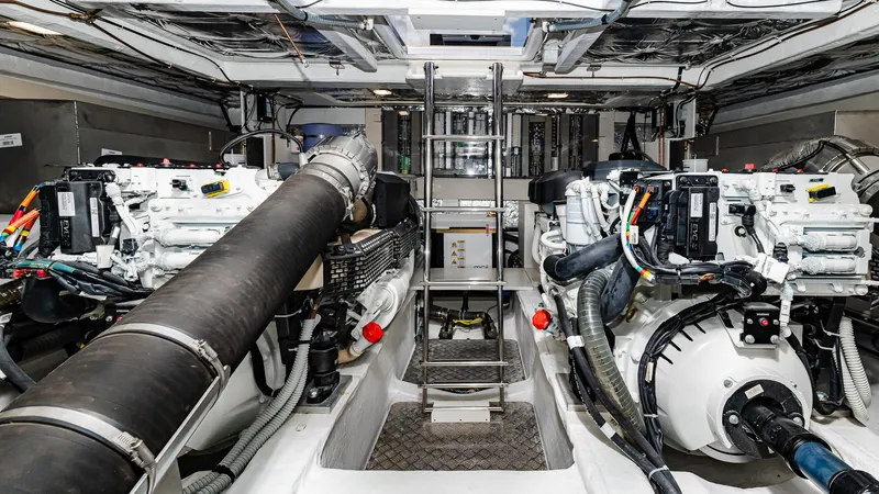 Available Now Yacht Photos Pics Engine room of 2024 Pardo Yachts GT52, showcasing dual engines and advanced mechanical systems.