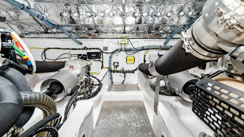 Available Now Yacht Photos Pics Engine room of 2024 Pardo Yachts GT52, showcasing advanced mechanical systems and components.