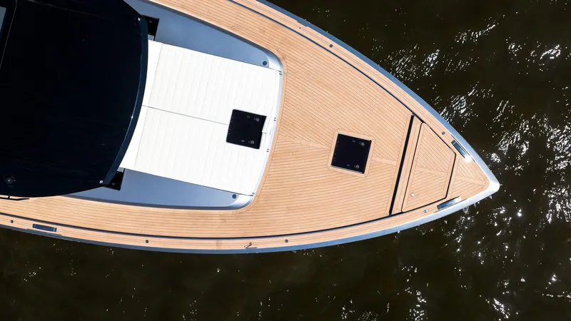 Available Now Yacht Photos Pics 2024 Pardo Yachts GT52, aerial view of sleek deck design on water.