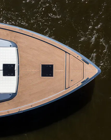 Available Now Yacht Photos Pics 2024 Pardo Yachts GT52, aerial view of sleek wooden deck on water.