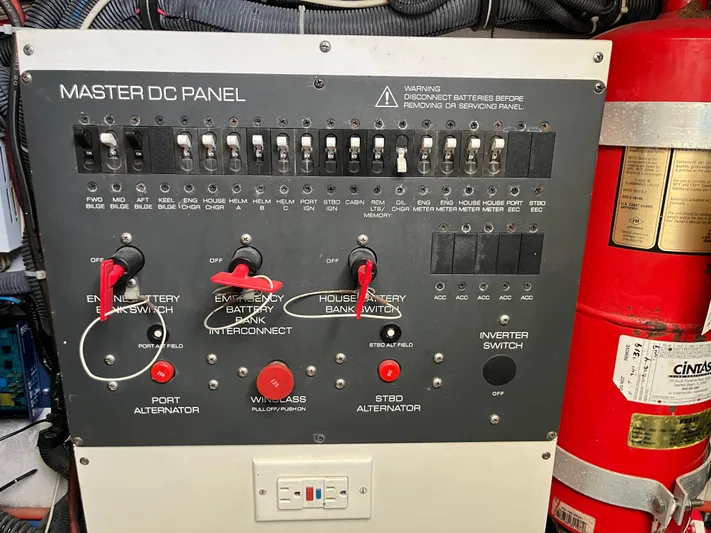  Yacht Photos Pics Master DC panel on a 2001 Tiara Yachts 4100 Open, featuring switches and circuit breakers.
