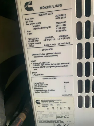  Yacht Photos Pics Close-up of Cummins engine service data and operation instructions on a 2001 Tiara Yachts 4100 Open.
