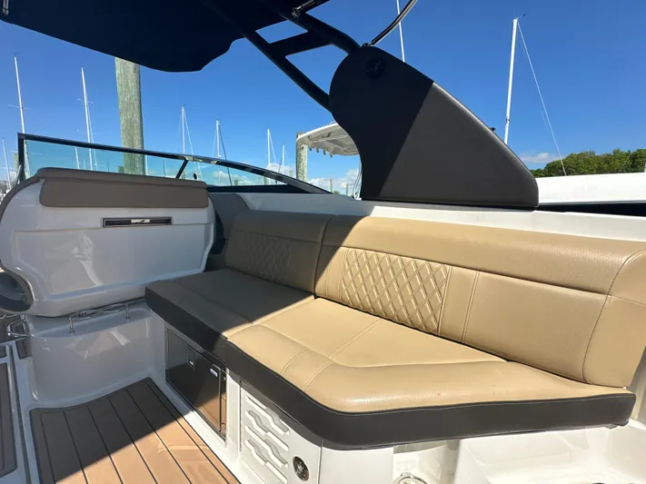  Yacht Photos Pics 2019 Sea Ray SLX 280 boat interior with tan leather seating and sleek design.