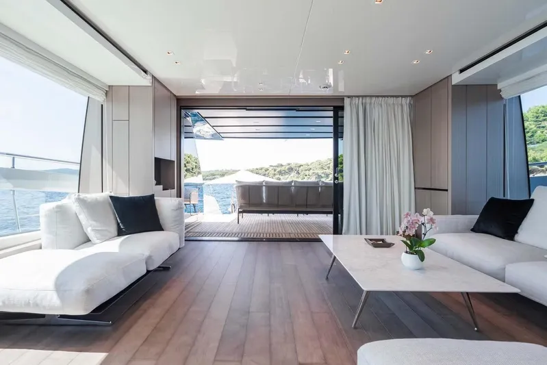  Yacht Photos Pics Luxurious interior of 2024 Sanlorenzo SX76 yacht with elegant seating and sea view.
