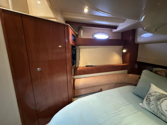  Yacht Photos Pics Luxurious interior of a 2008 Meridian 391 Sedan yacht with wood finishes and cozy seating.