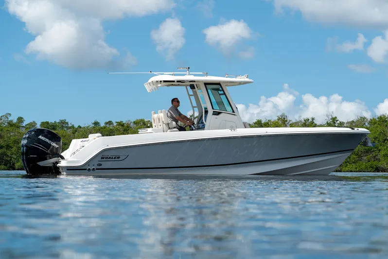 Perfect Timing... Yacht Photos Pics 2017 Boston Whaler 280 Outrage on calm water, blue sky.