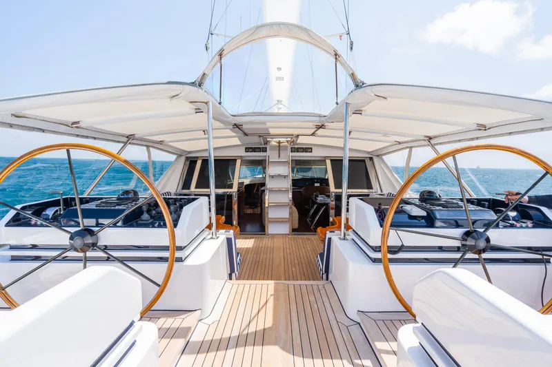 Seaquell Yacht Photos Pics 1992 Alloy Yachts sailboat with dual steering wheels and spacious deck.