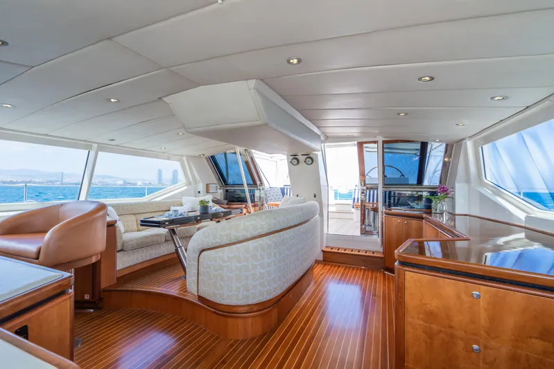 Seaquell Yacht Photos Pics Luxurious interior of a 1992 Alloy Yachts sailboat with elegant wood flooring.