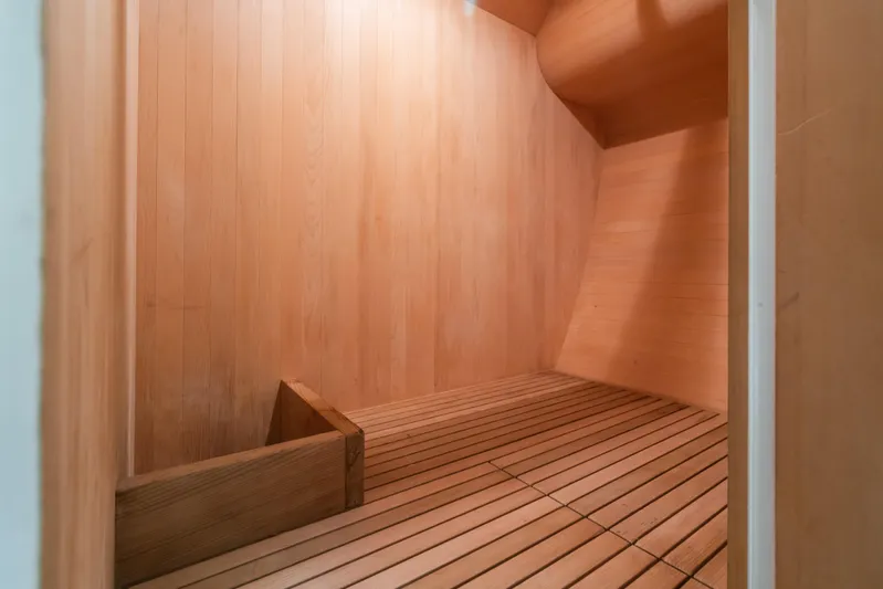 Seaquell Yacht Photos Pics Interior wooden cabin of 1992 Alloy Yachts sailboat with sleek, minimalist design.