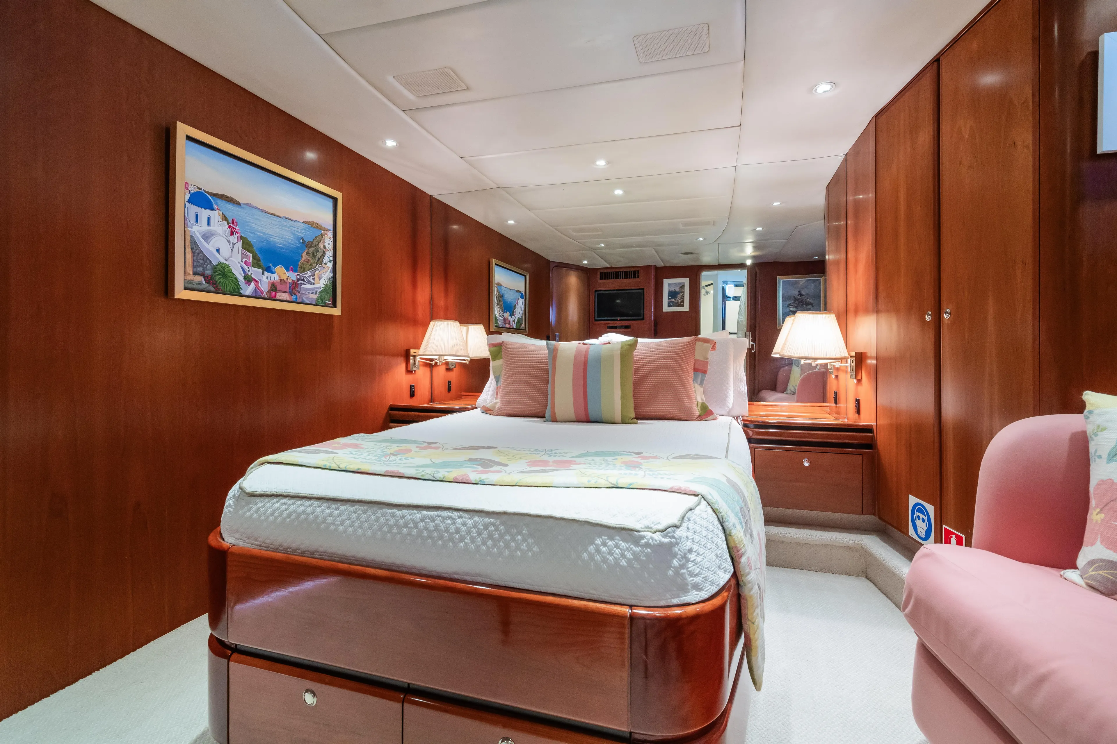 Seaquell Yacht Photos Pics Luxurious 1992 Alloy Yachts sailboat bedroom with wooden paneling and cozy lighting.