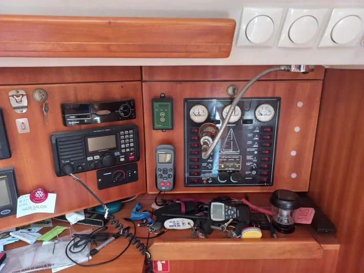  Yacht Photos Pics Control panel of a 2005 Elan Impression 434 yacht with navigation and communication equipment.