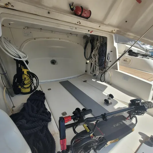 Yacht Photos Pics Storage compartment of 2006 Cranchi Mediterranee 47 HT yacht with ropes and equipment.