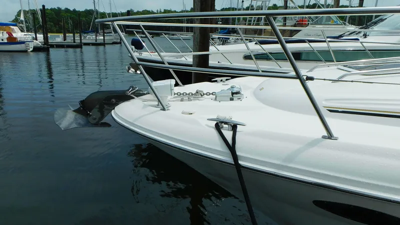  Yacht Photos Pics 2002 Sea Ray 380 Sundancer docked at marina, showcasing sleek bow design.