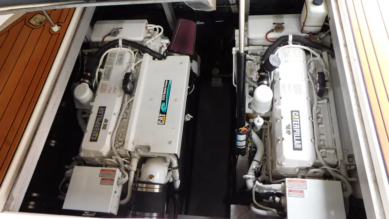  Yacht Photos Pics Engine compartment of a 2002 Sea Ray 380 Sundancer with twin Caterpillar engines.