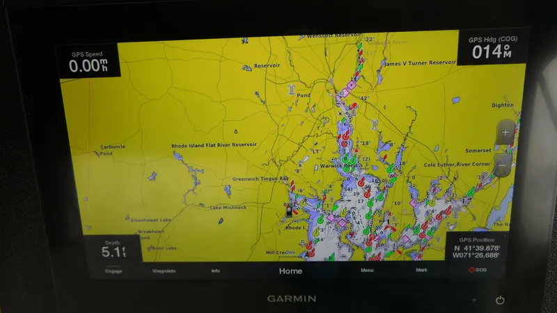  Yacht Photos Pics Garmin GPS display on a 2002 Sea Ray 380 Sundancer, showing a detailed nautical map.