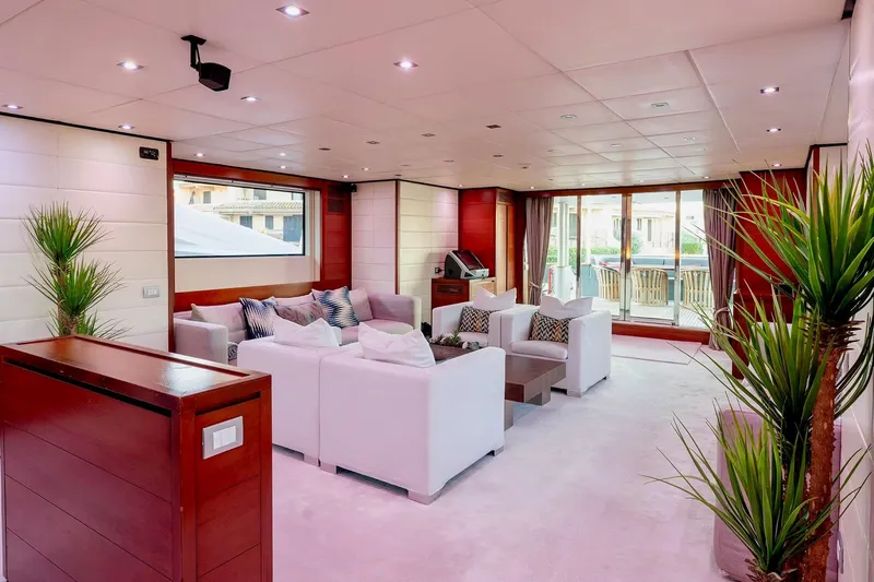  Yacht Photos Pics Luxurious interior of 2007 Baglietto 43 yacht with modern seating and elegant decor.