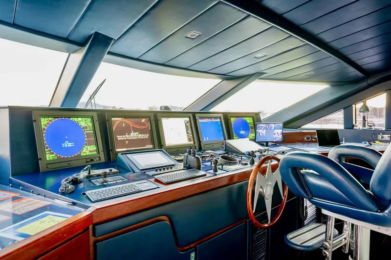  Yacht Photos Pics Luxurious 2007 Baglietto 43 yacht cockpit with advanced navigation systems and plush seating.