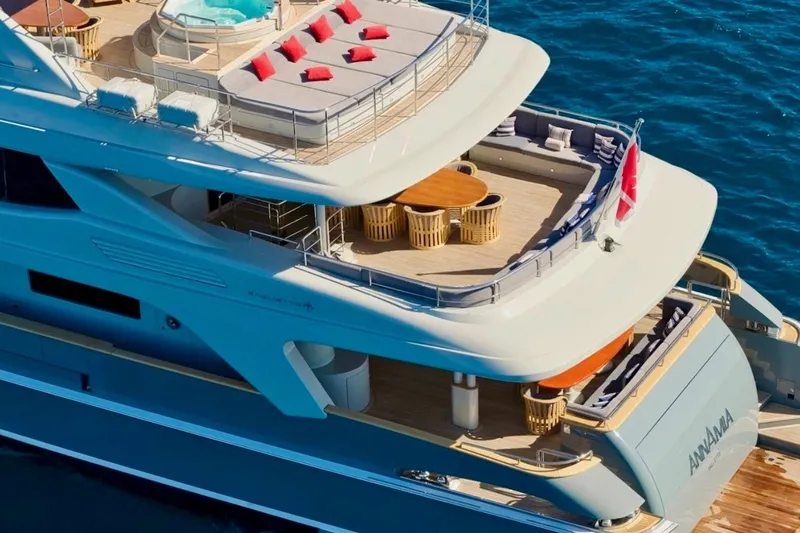  Yacht Photos Pics Luxurious 2007 Baglietto 43 yacht with sun deck, jacuzzi, and elegant seating on blue ocean.