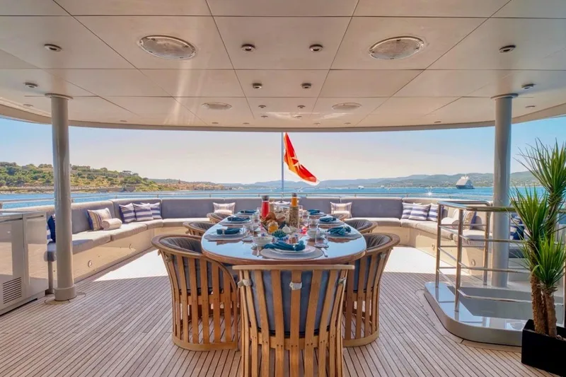  Yacht Photos Pics Luxurious 2007 Baglietto 43 yacht deck with elegant dining setup and scenic ocean view.