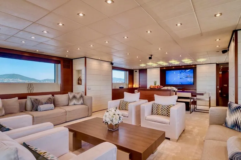  Yacht Photos Pics Luxurious interior of 2007 Baglietto 43 yacht with elegant seating and modern decor.