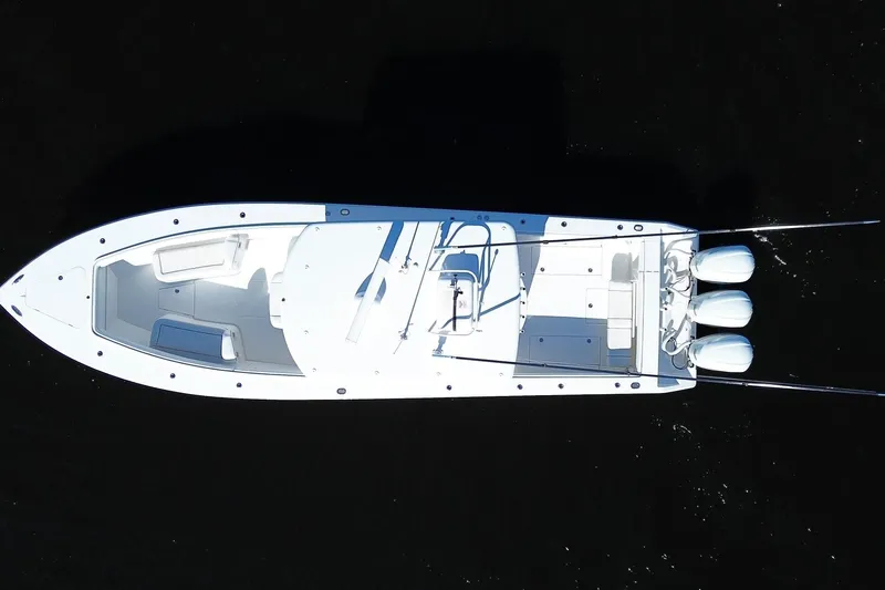 Huddle Up Yacht Photos Pics Overhead view of 2018 Jupiter 38 FS boat with triple outboard engines.